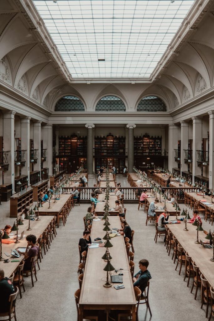 Discover a grand Vienna library with students studying in a serene architectural environment.